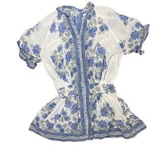 Juliet Dunn London Blue Floral Block Print Cotton Mini Dress Tunic Size 2